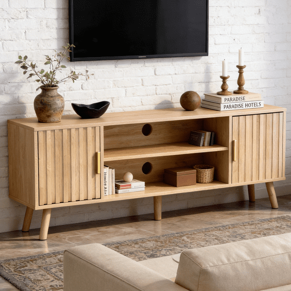 UBesGoo 59" Modern Fluted TV Stand, Walnut Entertainment Center for 55/60/65-Inches TVs, Boho Media Console with 2 Doors & Shelves Storage for Living Room, Bedroom, Home
