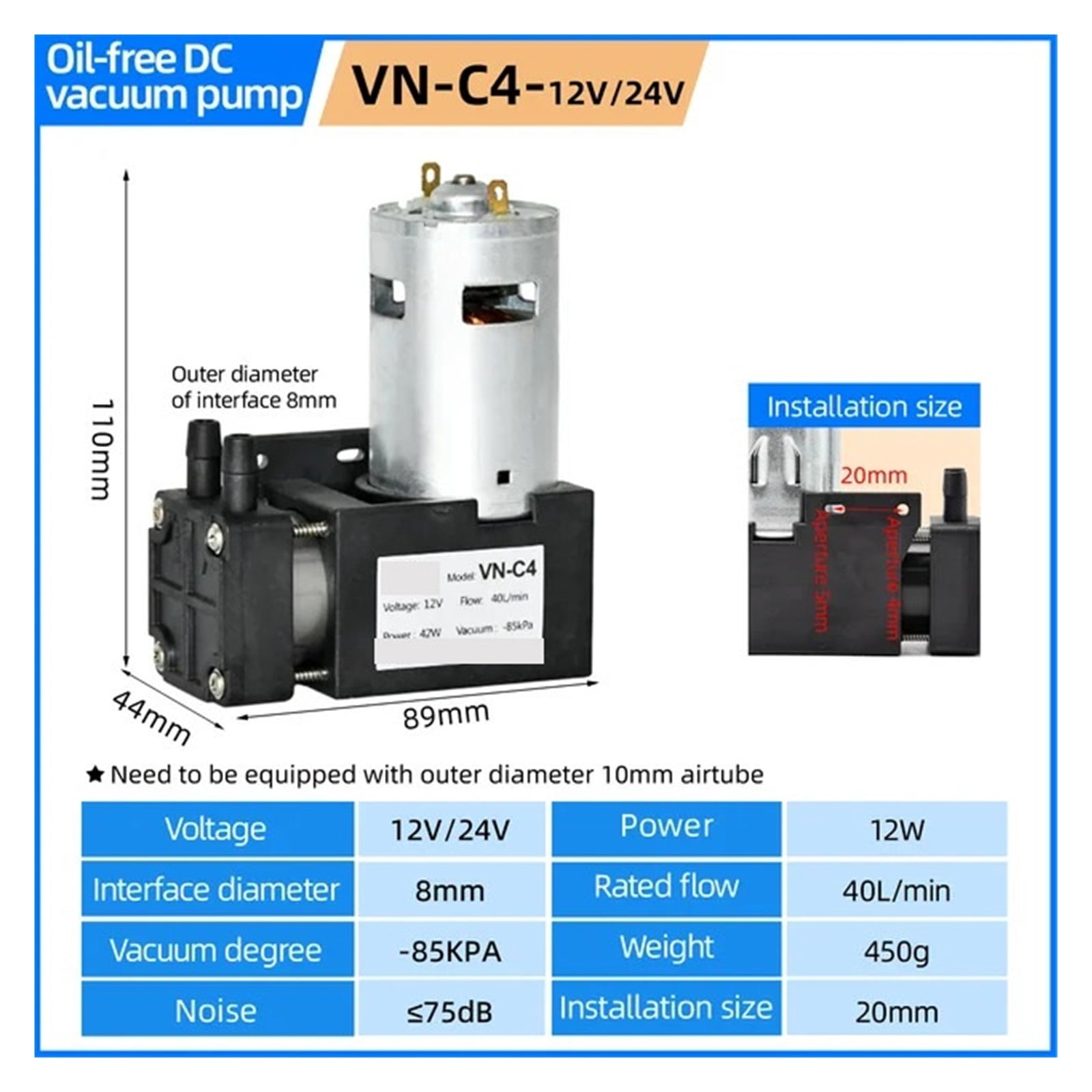 12V/24V DC Diaphragm Vacuum Pump, Electric Negative Pressure Suction Vacuum Pump