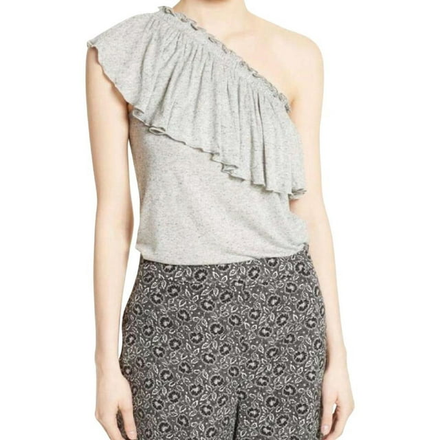 $195 REBECCA TAYLOR One-Shoulder Ruffled Top Grey Melange ( M )