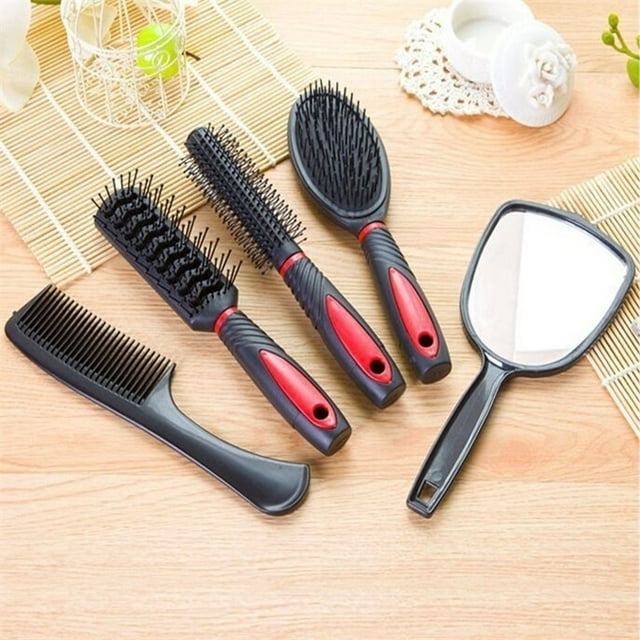 5Pcs Salon Hair Comb + Mirror Set With Hairbrush Modelling Holder Styling Tool