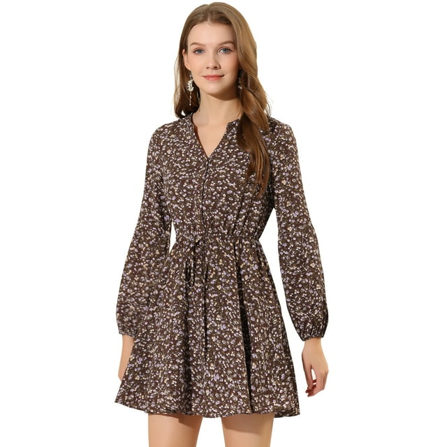 INSPIRE CHIC Robe Courte Trapèze pour Femme à Col en V, Imprimé Floral, Taille Élastique, Boutonnée