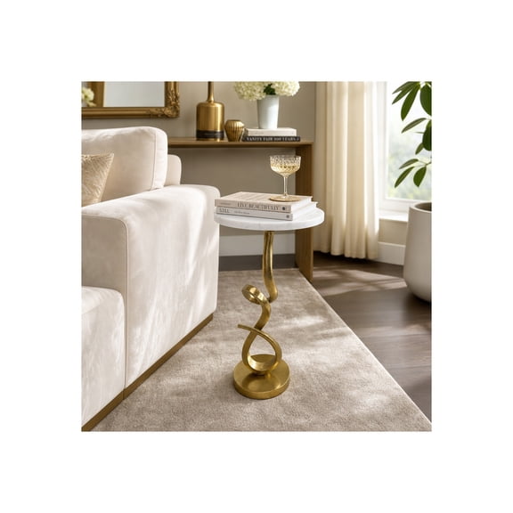 Sagebrook Home Twisted Round Marble Top Side Table for Living Room - Sculptural Pedestal Drink Table for Sofa Seating - 24", White & Gold