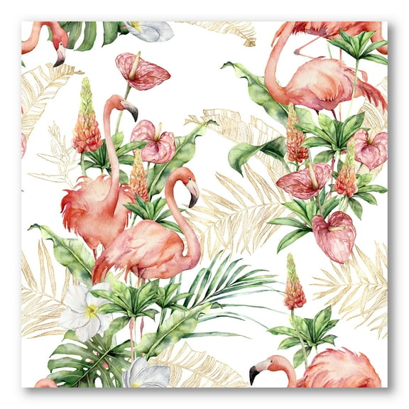 Designart ' Tropical Flowers & Gold Leaves With Pink Flamingos ' Traditional Canvas Wall Art Print