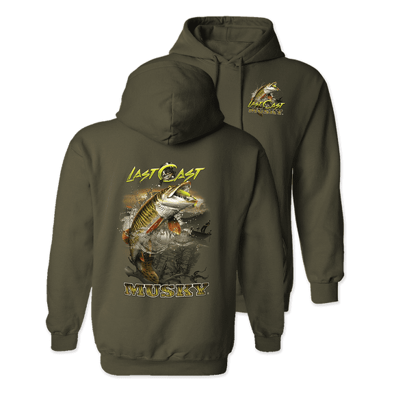 Follow the Action Musky "Last Cast" Two-Sided Hooded Fishing Cotton Blend Sweatshirt (XX-Large) Military Green