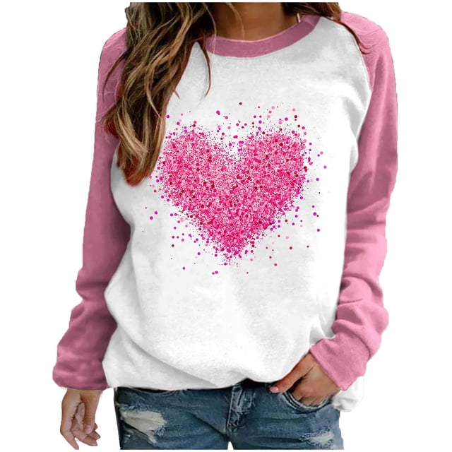 Cameland Rabais Saint-Valentin Femmes Mignon Rouge Cœur Graphique T-Shirts Raglan Manches Longues Col Rond Chandails en Molleton Ample Décontracté Tops Rose
