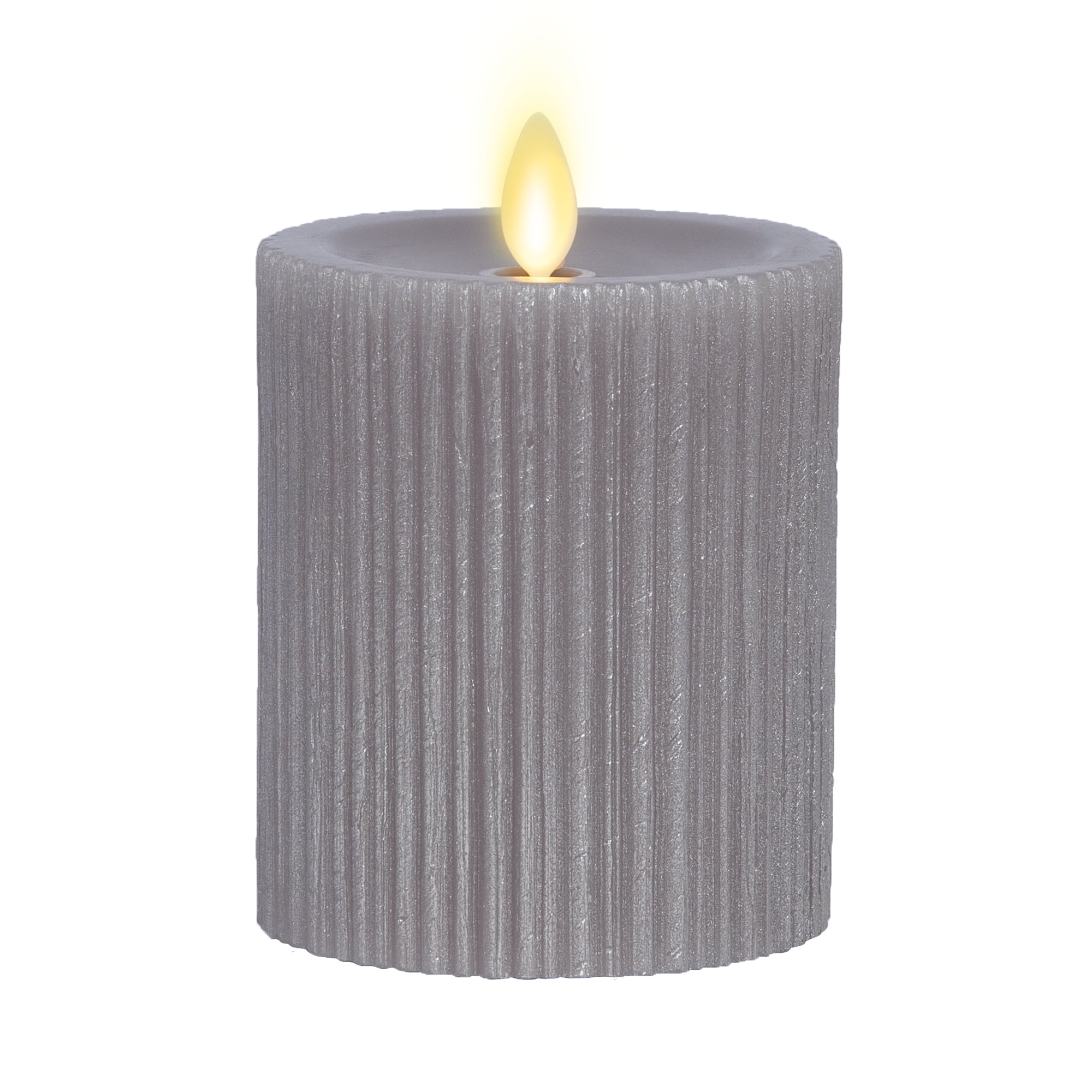 Luminara Ribbed Metallic Grey Flameless Candle Pillar Recessed Top