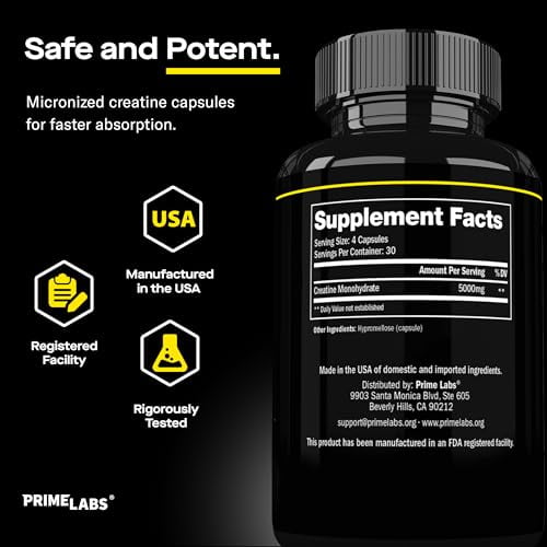 Prime Labs Creatine Monohydrate Capsules - Creatine Pills for Men & Women - 5000mg Pure Creatine per Serving - Muscle Growth, Muscle Recovery, Brain Function - Workout Supplement - 120 Capsules