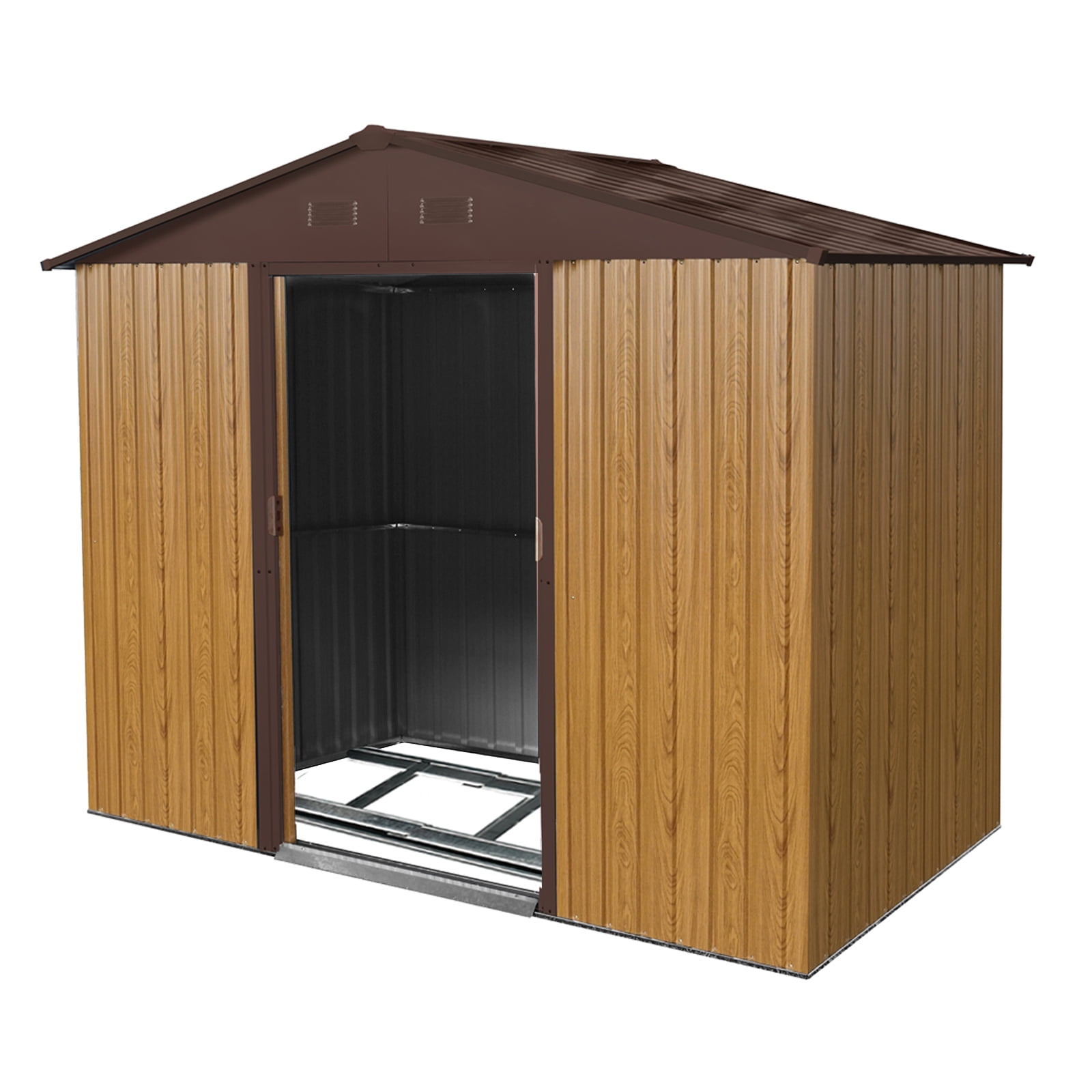 Mintazer 8x4FT Galvanized Steel Outdoor Storage Shed with Lockable Sliding Doors, Weatherproof Metal Garden Tool Shed with Air Vents for Backyard Lawn Patio, Brown