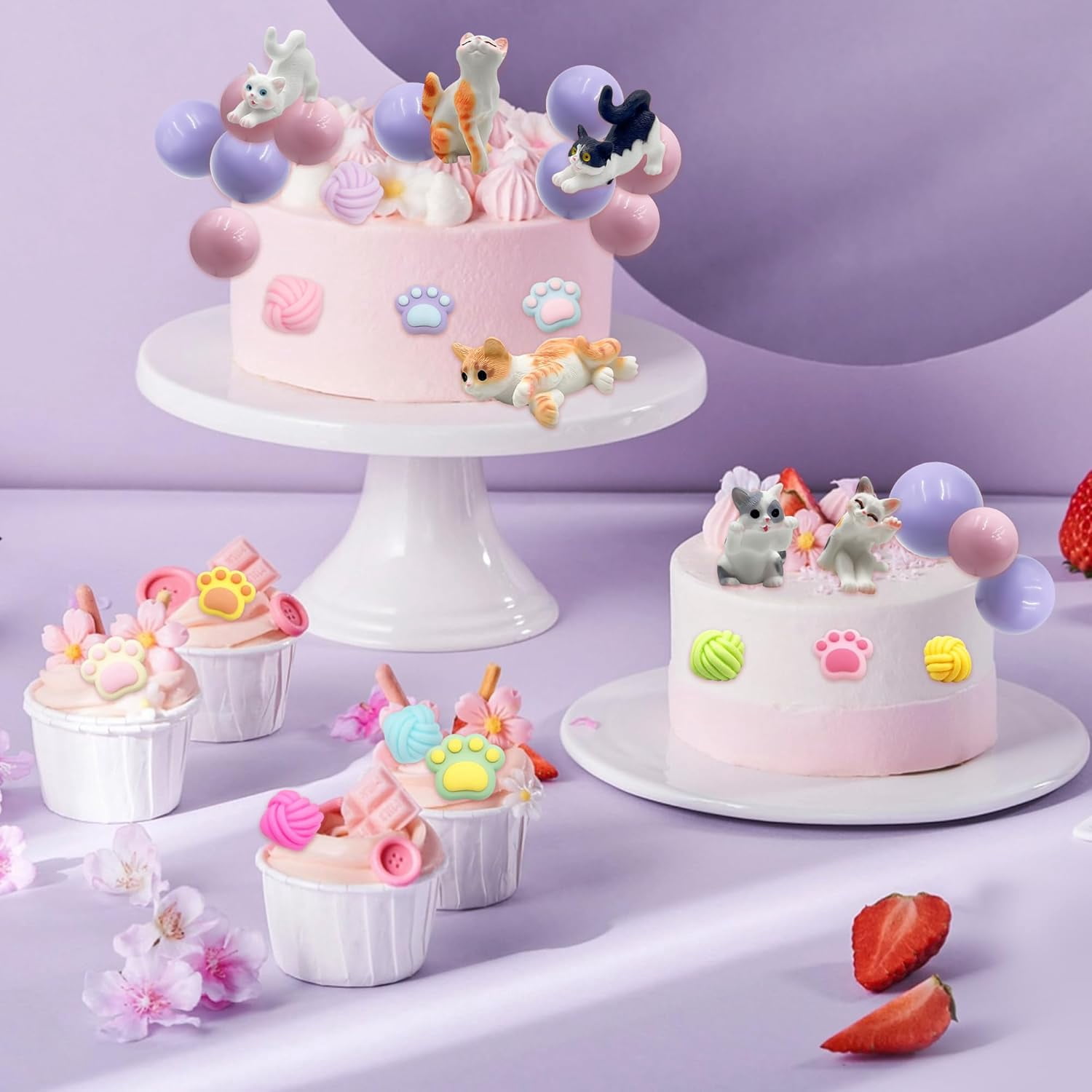 Cat Cake Topper Cat Paw Cake Toppers Cat Cake Decorations Cats Themed Cupcake Decor Mini Cats Figurines Wool Ball Cake Toppers for Birthday Baby Shower Party