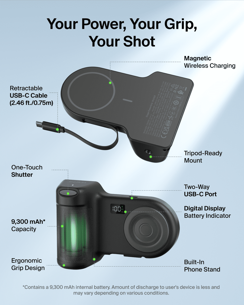 Belkin Magnetic Wireless Charging Camera Grip 9300mAh, Power Bank w/ Retractable USB C Cable, Bluetooth Connection, Tripod Attachment, LCD Screen, Ergonomic, Portable Charger for iPhone & Smartphones