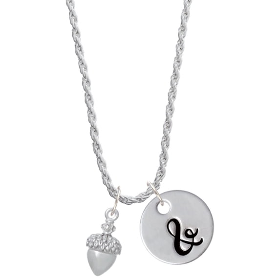 Delight Jewelry Silvertone Small Acorn with Crystals Silvertone Script Initial Disc - & - Charm Necklace, 20"+3"