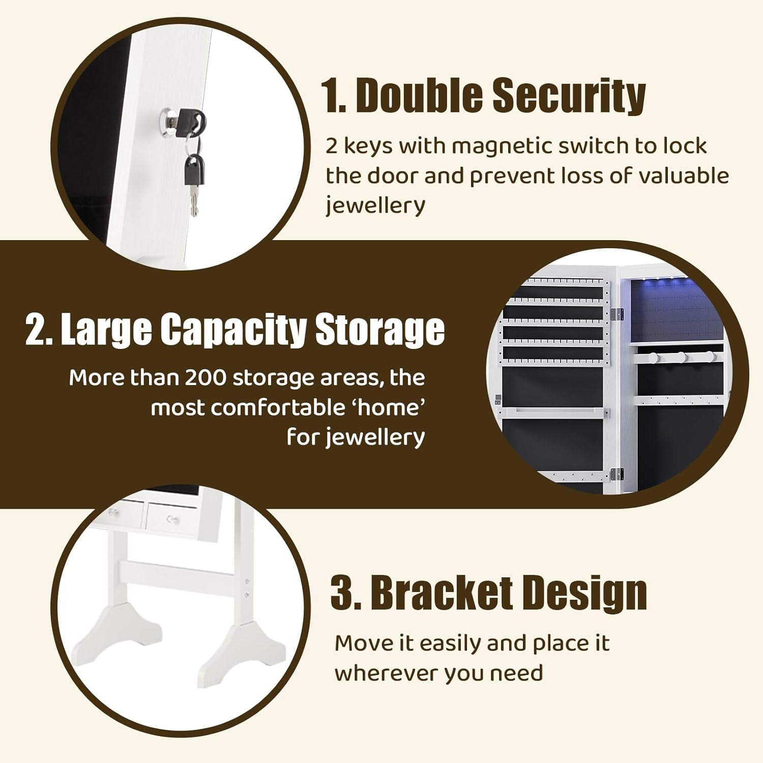 47.3'' Jewelry Armoire with Mirror, Freestanding Jewelry Cabinet with Lockable Design for Makeup Organize, White