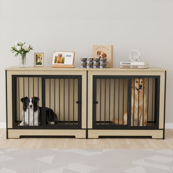 Leumius Dog Crate Furniture with Two Combined Room, XL Large Double Dog Cage Furniture with Tray Wooden Dog Kennel Furniture for Medium Large Dogs Black Natural