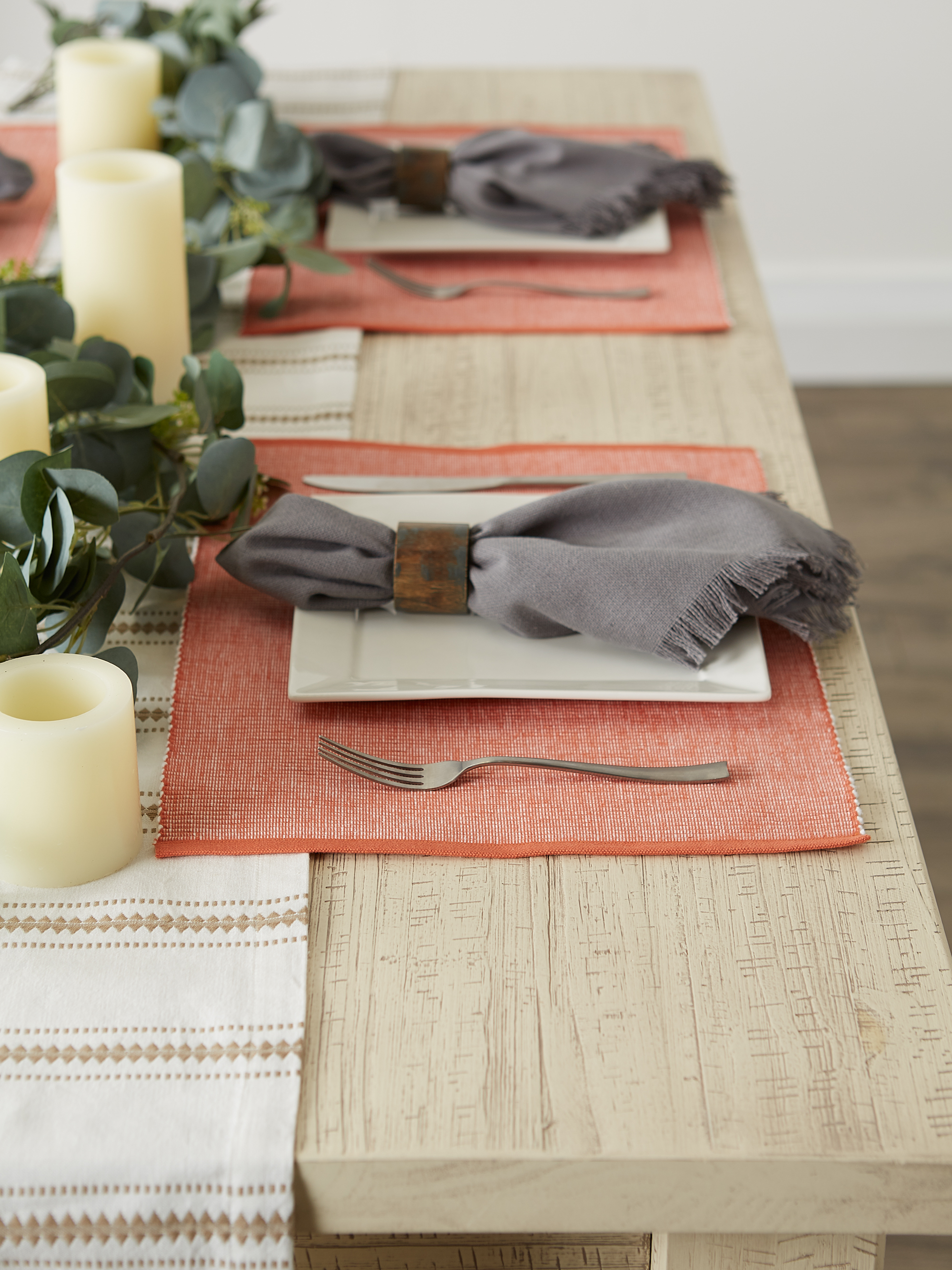 Contemporary Home Living Ribbed Variegated Cotton Placemats - 19" - Yam Orange and White - Set of 6