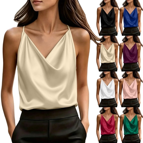 Yourumao Satin Camisole Tops for Women Cowl Neck Spaghetti Straps Tank Top Comfy Dressy Casual Camis for Cocktail Party
