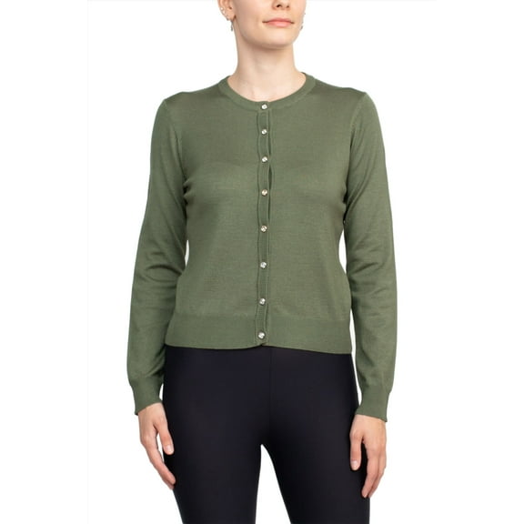 Esperanza NY Crew Neck Button Down Long Sleeve Solid Knit Green Cardigan (Petite), Size: SP