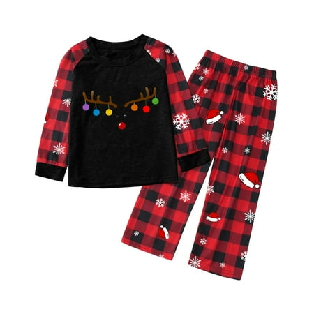 

ERTUTUYI Kid Sleepwear For Christmas Family Matching Pajamas Cute Big Headed Deer Print Pjs Plaid Long Sleeve Tops And Pants Soft Casusal Holiday Sleepwear Black 130