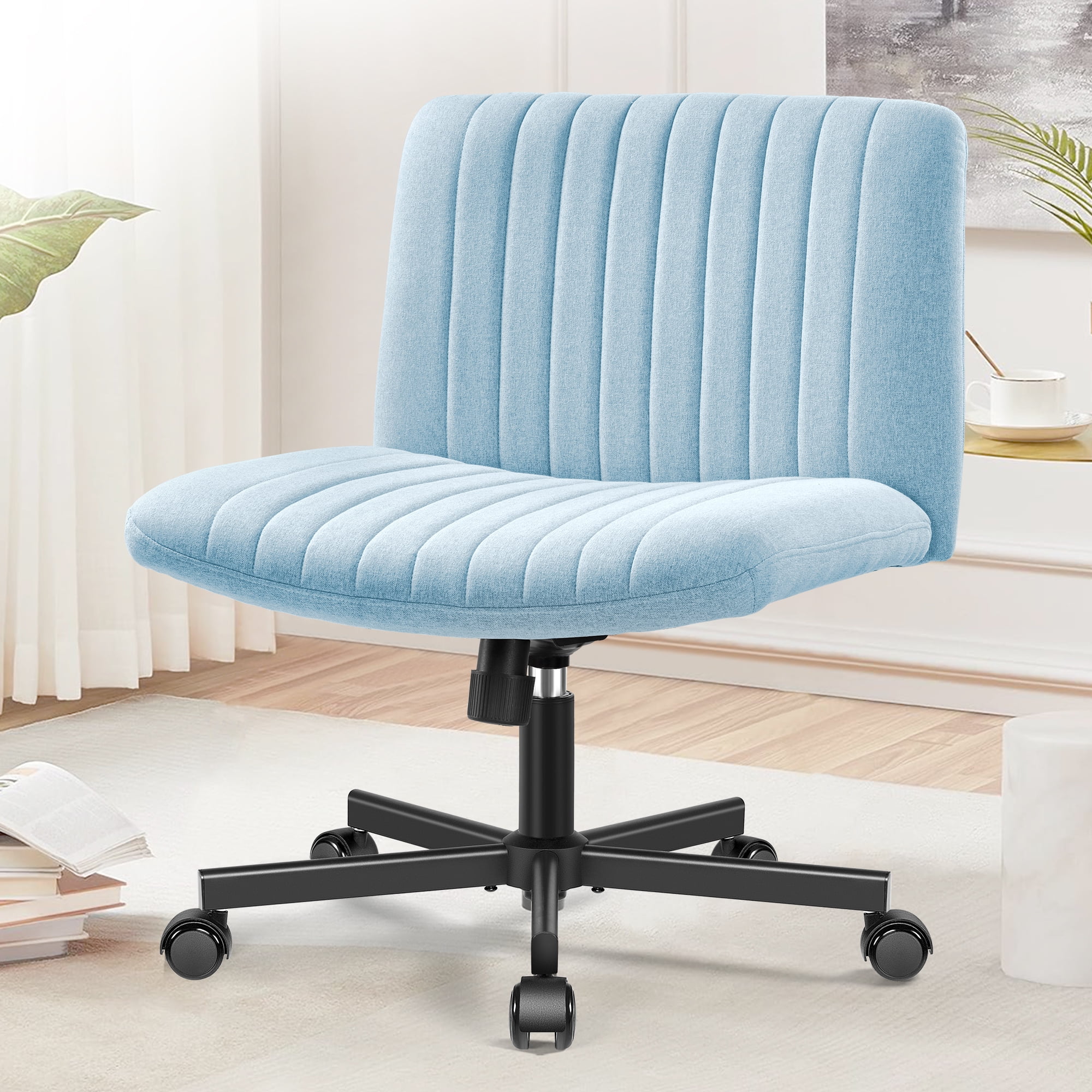 COOLHUT Office Chair Armless Criss Cross Legged Chair with Wheels, Linen Fabric Comfy Home Office Desk Chairs, Wide Seat Vanity Task Computer Chair, Light Blue