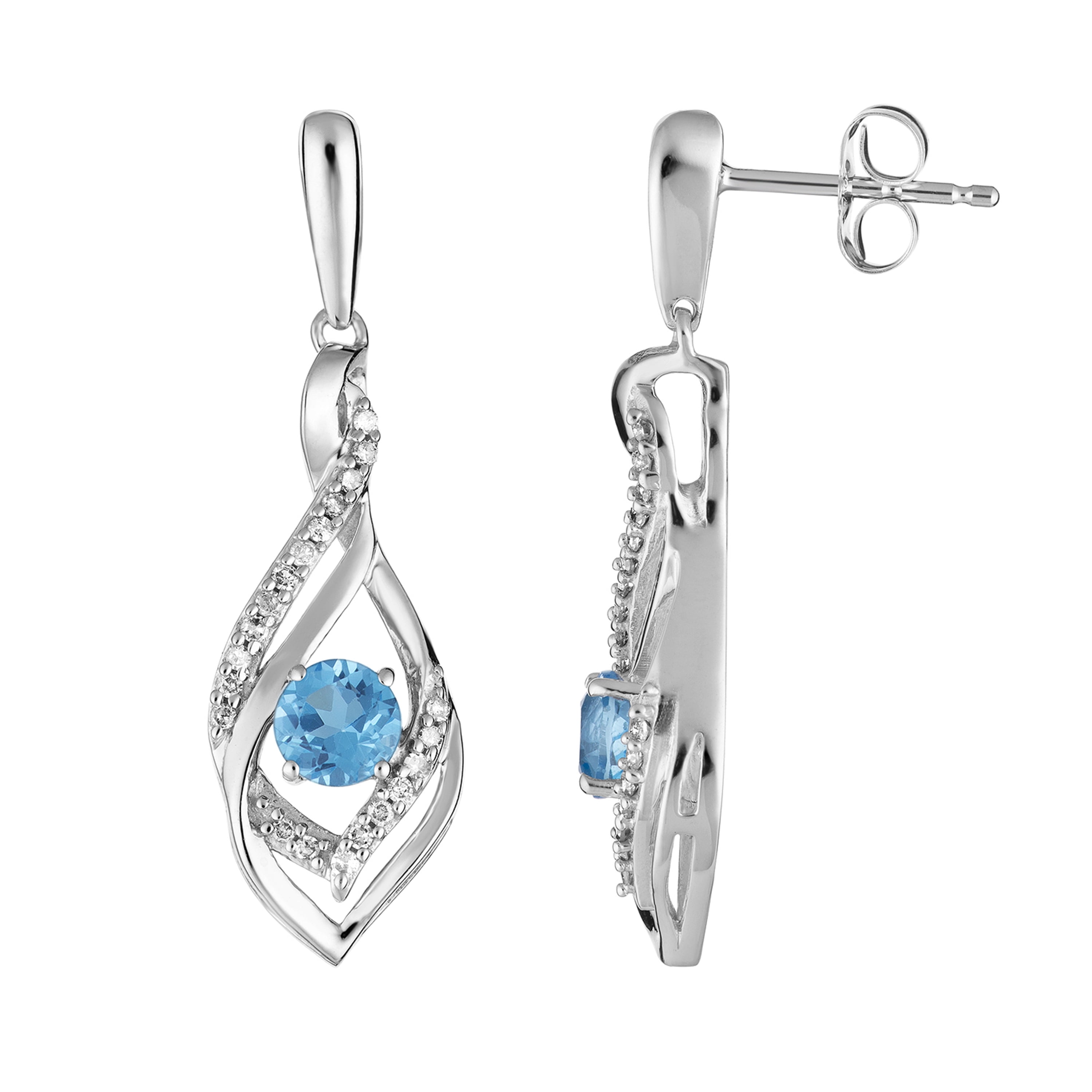 10k White Gold Swiss Blue Topaz & 1/8 Carat T.W. Diamond Drop Earrings