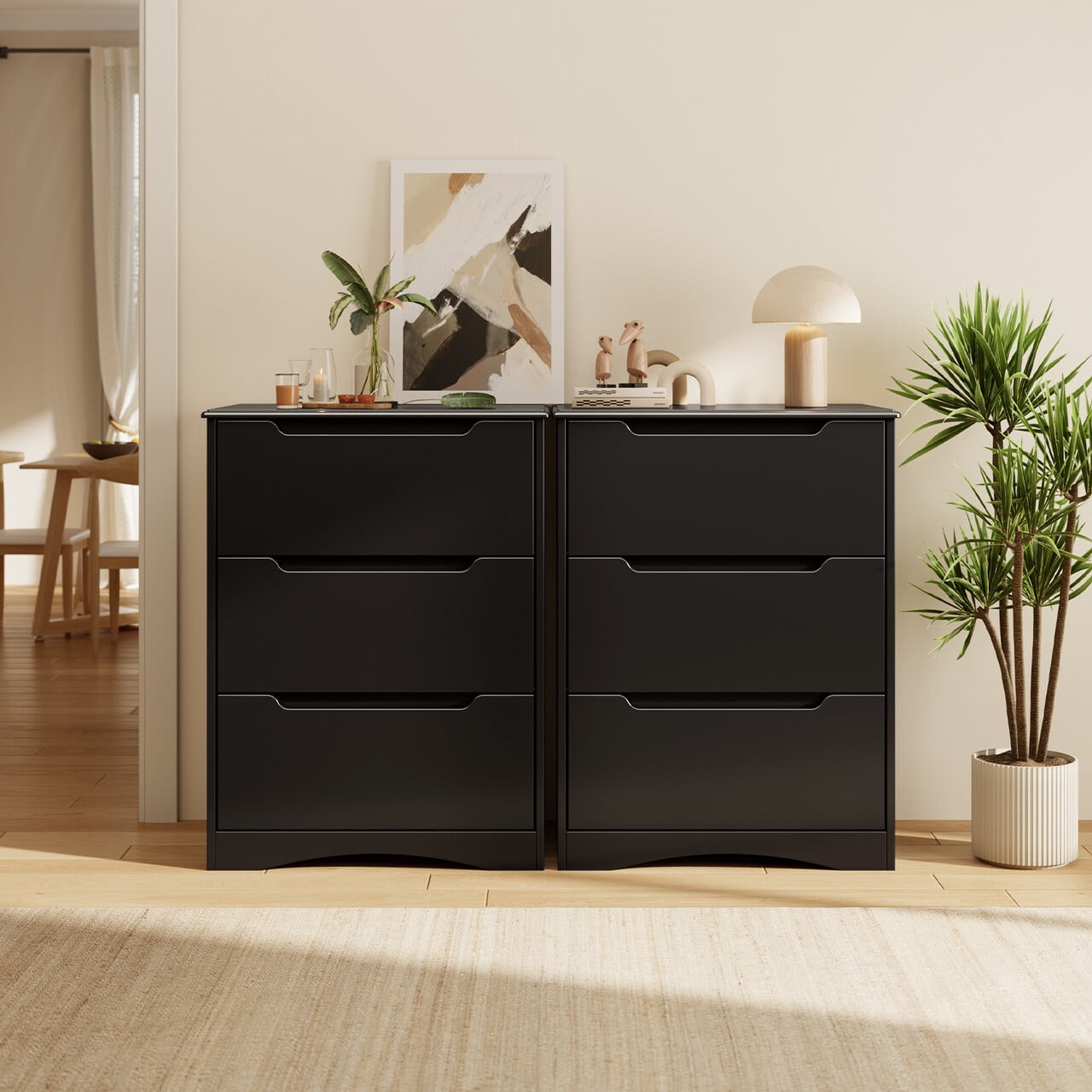 Aiho 3 Drawer Dresser, White Wood Storage Cabinet with Cutout Handles for Bedroom, Black