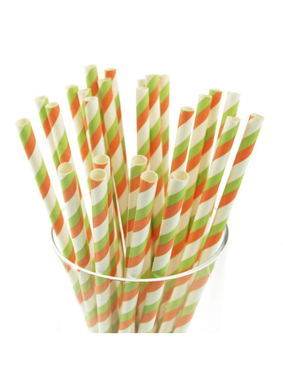 Candy Striped Paper Straws, 7-3/4-inch, 25-Piece, Coral/Apple Green/White
