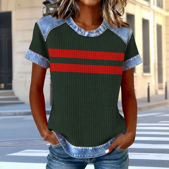 Plus Size Tops for Women Short Sleeve Round Neck Waffle Casual Solid Color Blouse Loose Tops Army Green XXXL