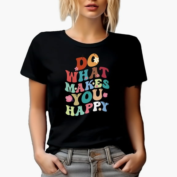 Do What Makes You Happy Quote with Cute Flowers, Groovy Retro Wavy Text Merch Gift, Black T-Shirt, Small