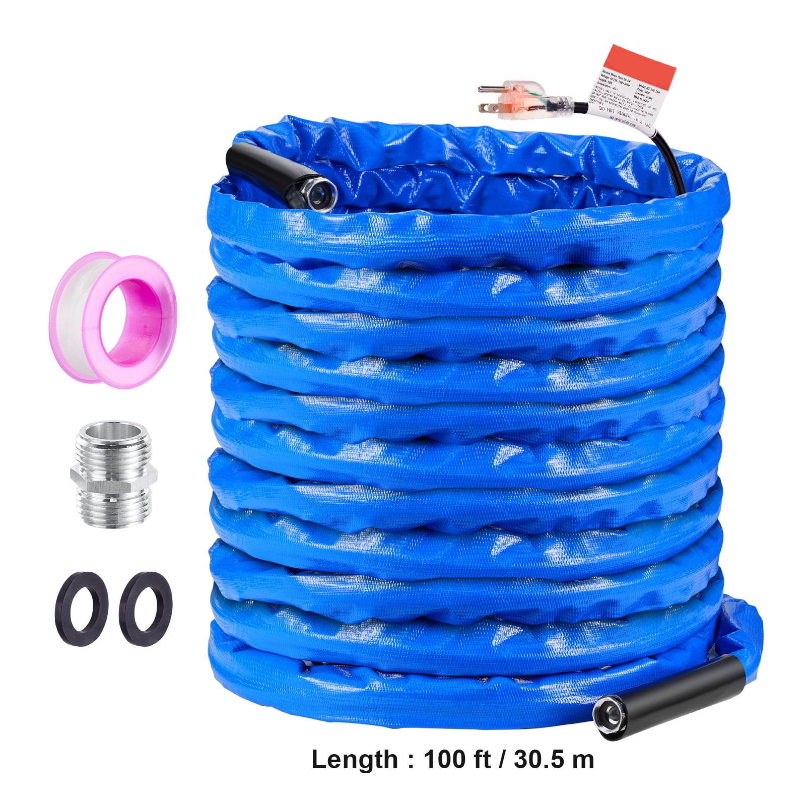 KFFKFF 100ft RV Heated Hose, Corrugated Cover for Freeze Protection to -45°F, Self-regulating, 5/8" Inner Diameter with 3/4" GHT Adapter, Free of Lead and BPA