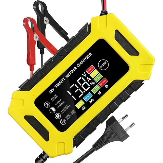 Intelligent Car Motorcycle Battery Charger 12V/6A, Battery Charger with Automatic Repair Function, Portable Motorcycle Battery Charger with LCD Display for Car, Motorcycle, SUV