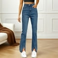 thumbnail image 6 of ManxiVoo Women Split Hem Jeans Elastic Straight Leg High Waist Flared Trousers Versatile Denim Pants XL Size Blue, 6 of 7