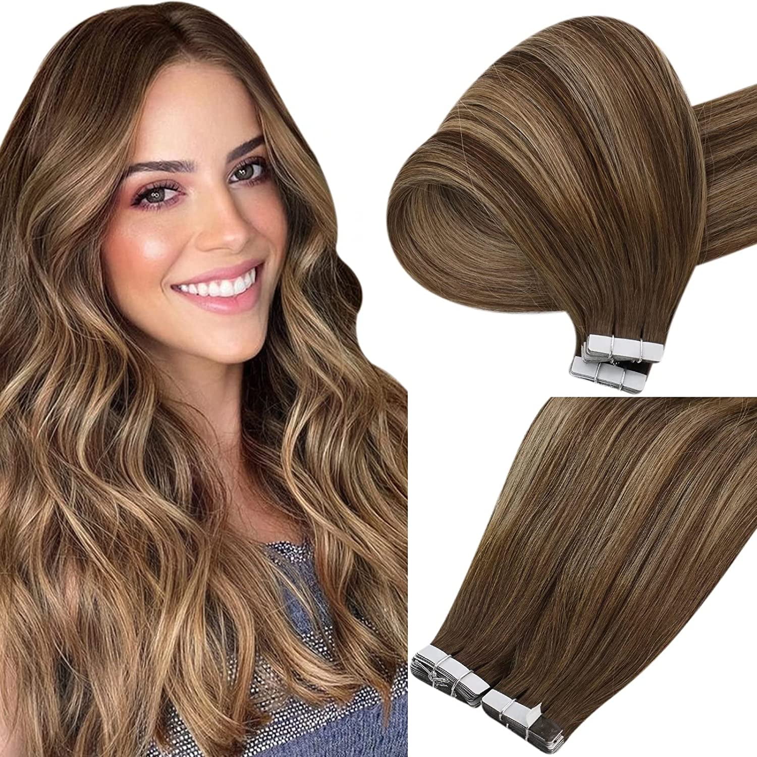 Sunny Tape in Hair Extensions Seamless Remy 14 inch Balayage Medium Brown  Mixed Caramel Blonde Remy Tape Ins 20Pcs 50g 