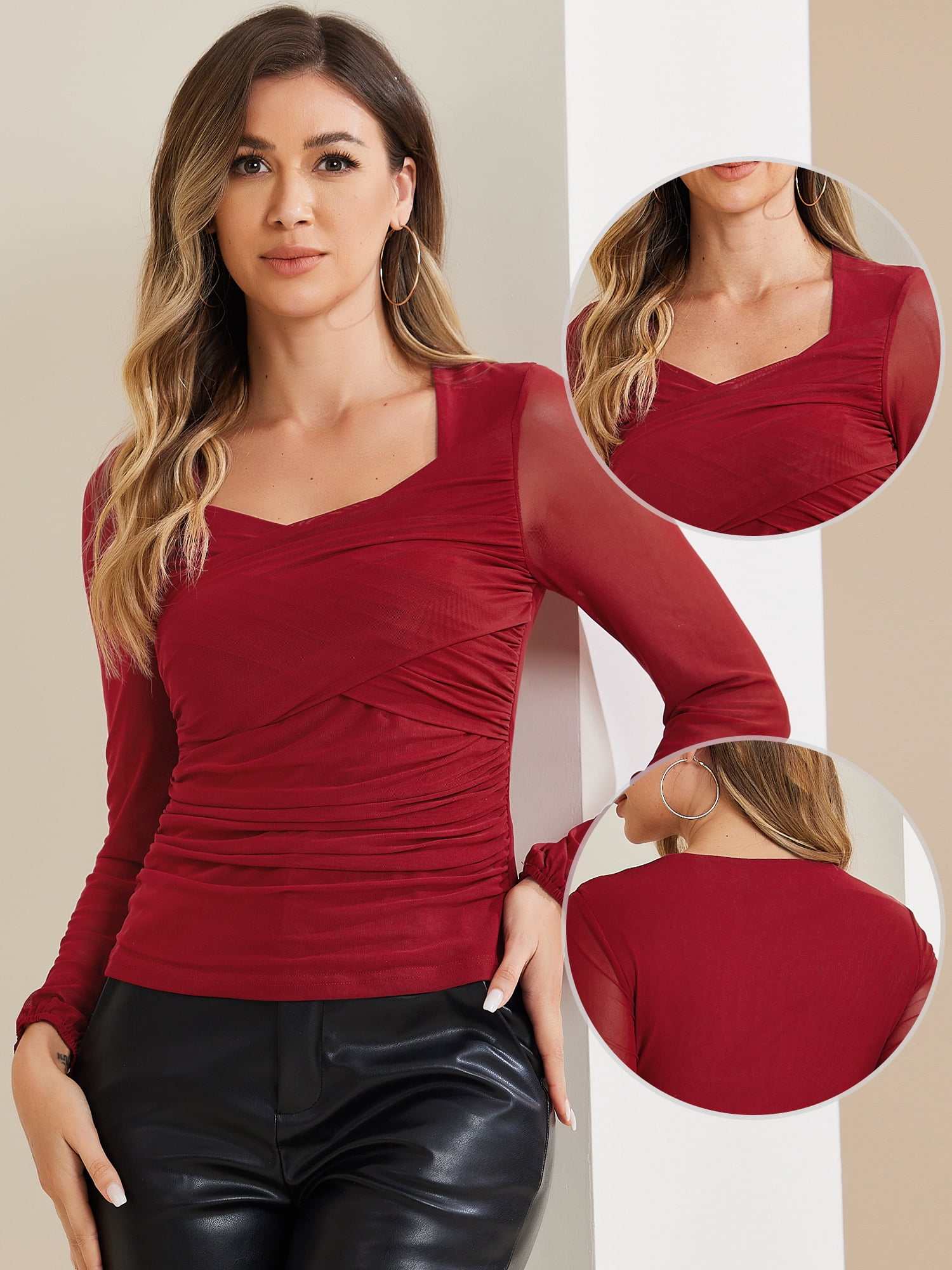 DARING DIVA Women's Long Sleeve Slim Fit Dressy Casual Wrap Tops XL Dark Red