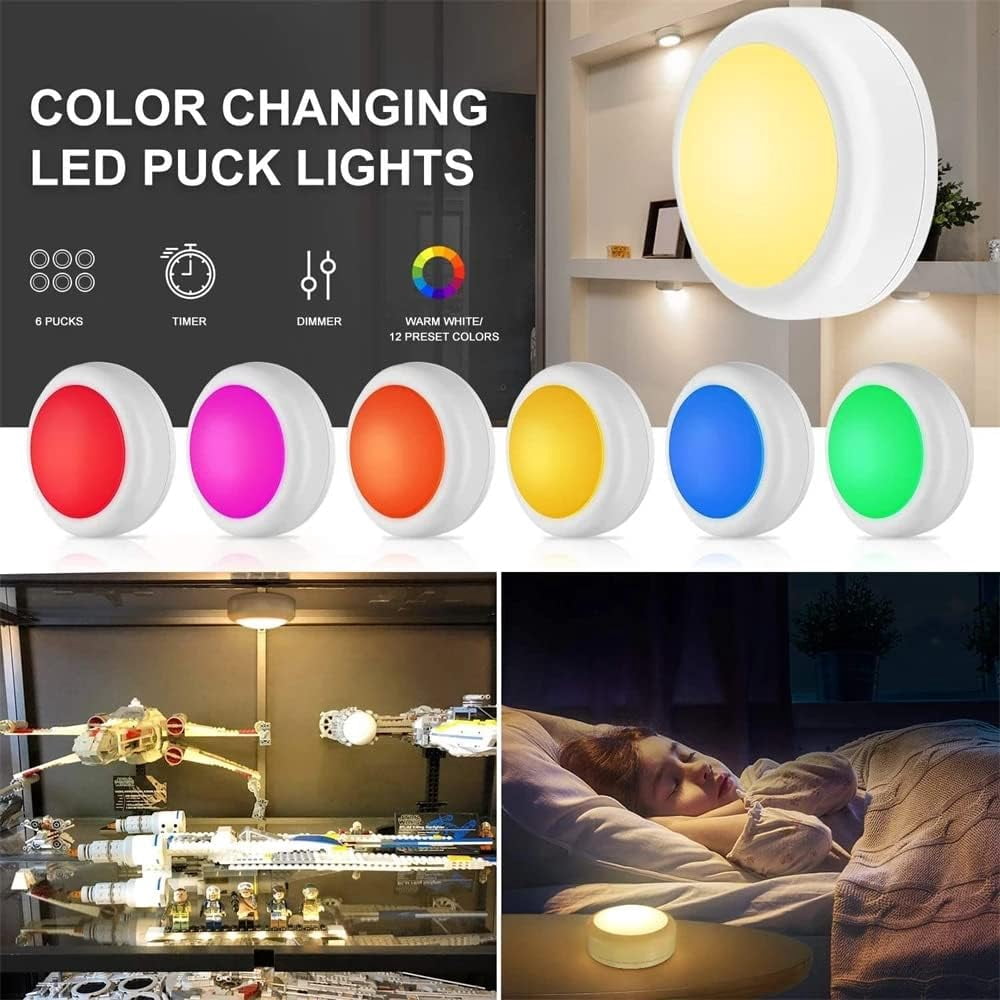 6 Pack LED Puck Lights with Remote Control, Wireless Under Cabinet & Closet Lighting, 13 Color Changing Stick-On Tap Lights with 10 Brightness Levels & Timer for Kitchen, Closet, Shelves