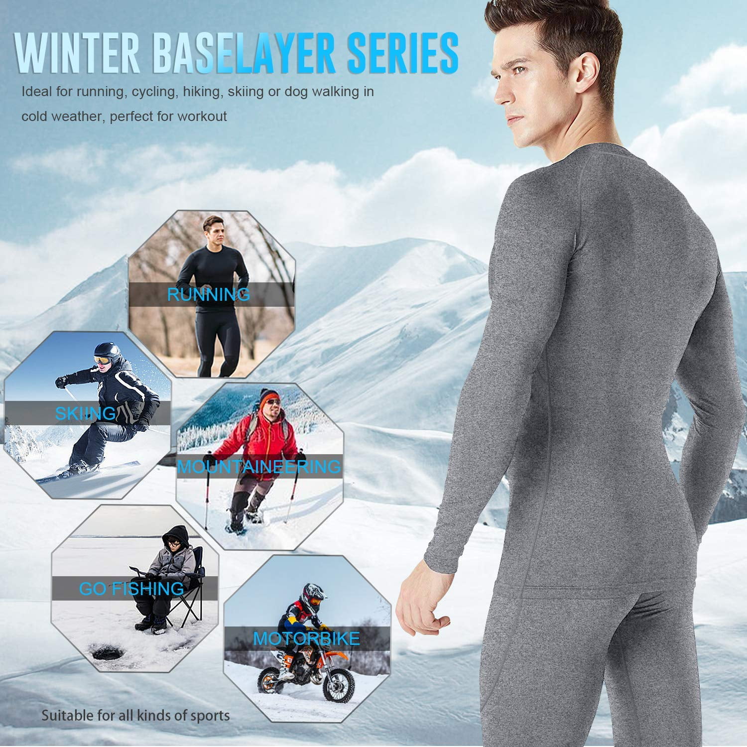 Men ? s Thermal Underwear Set Sport Long Johns Base Layer Compression Gear f/ür Workout