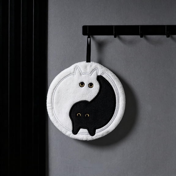 Halloween Taiji Cat Hanging Hand Towel, Coral Fleece Thick Absorbent Kitchen Bathroom Cloth, 7.9 Inch Seasonal Wall Decor