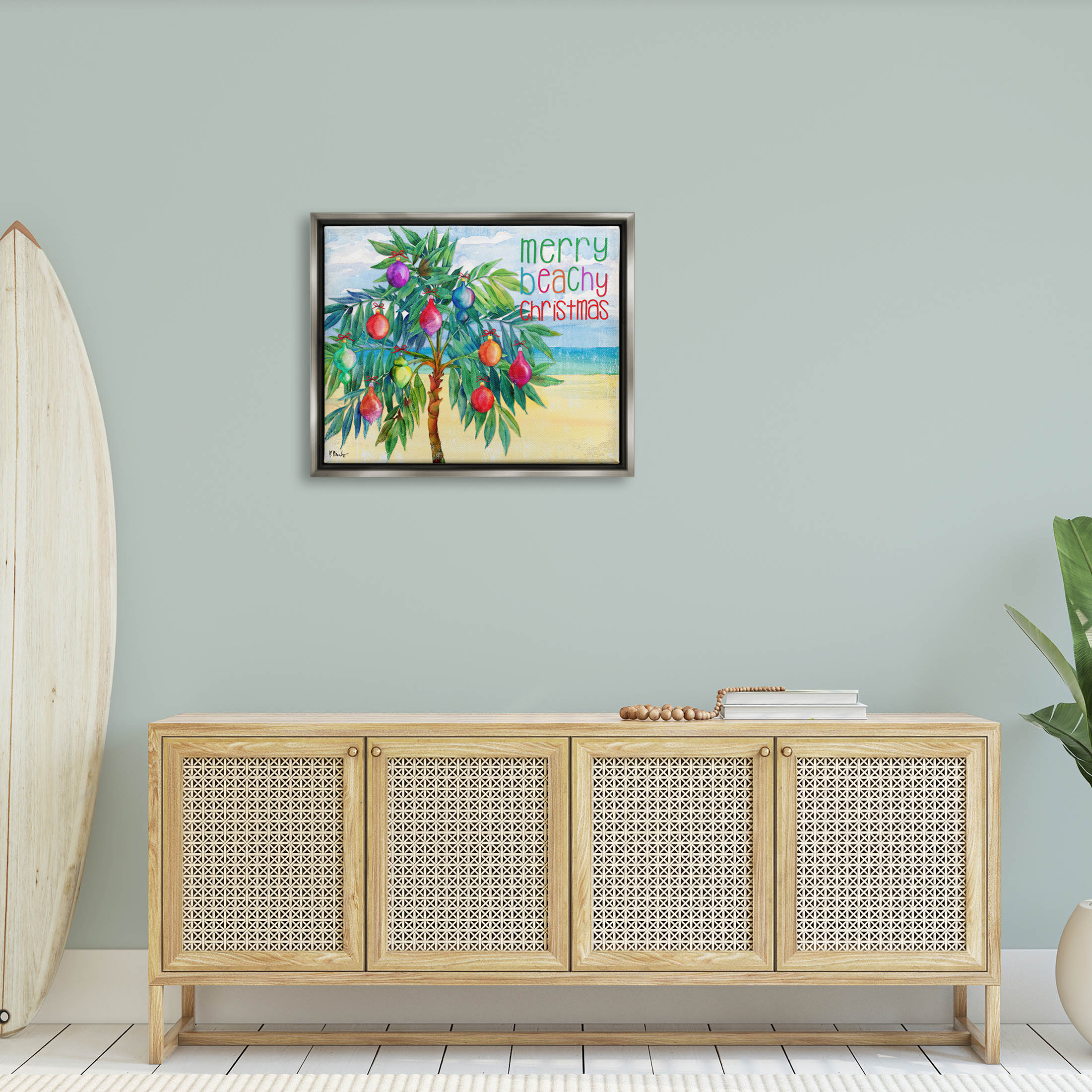 Stupell Industries Merry Beachy Christmas Holiday Palm Graphic Art Luster Gray Floating Framed Canvas Print Wall Art, Design by Paul Brent