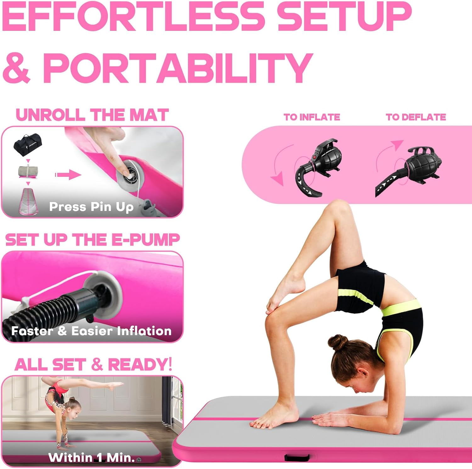 Inflatable Air Tumbling Mat Gymnastics Tumble track 4 inches Thickness Air Mats for Home Use/Training/Cheerleading/Water Yoga  13ft  with Electric Air Pump pink color