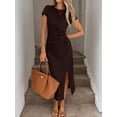 thumbnail image 2 of Brown Textured Waist Twist Short Sleeve Midi Dress With High Slit For Women, 2 of 6