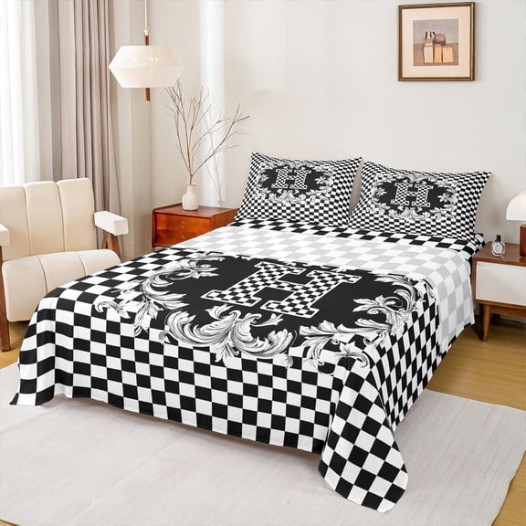 Homewish Plaid Letter H Twin Sheet Sets for Teens, Black White Monogrammed Twin Fitted Sheet, Vintage Mandala Damask Flat Sheet, Super Cozy Room Decor, 3pcs
