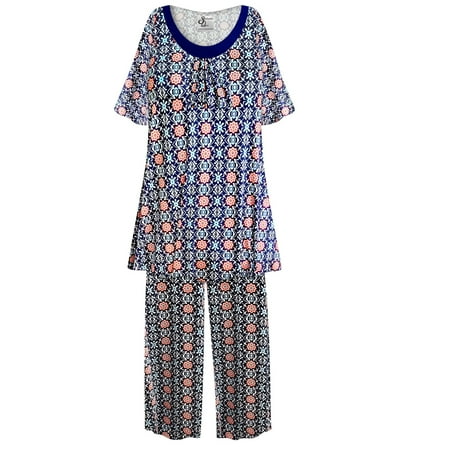 

Plus Size Women’s Short Sleeve Sleepwear with Long Pants Soft Loungewear Moroccan Blue Dream Print Pajama Set Tall XL 4x