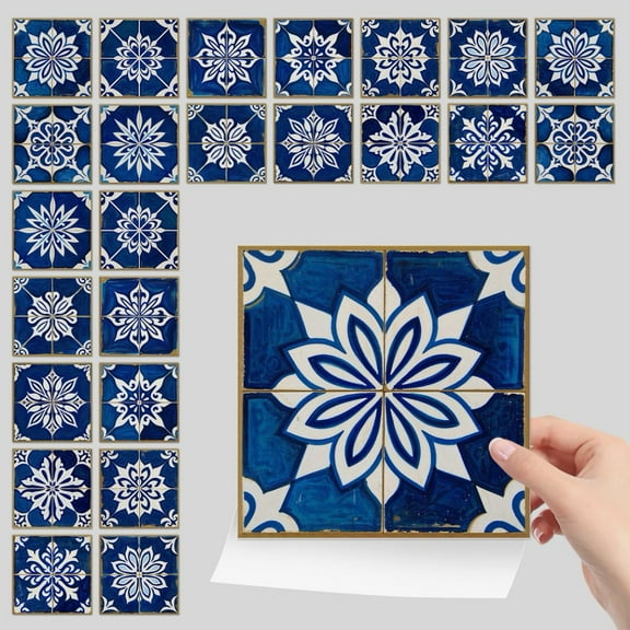 24Pcs/Set  Self Adhesive Tiles Wall Stickers Blue Flowers Decals 4 x 4in Waterproof Square Tile Kitchen Backsplash DIY Decor