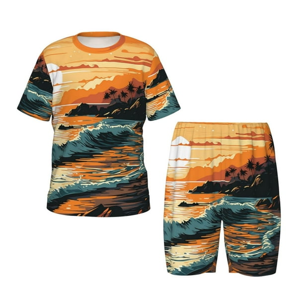 Balery Serene Ocean Sunset Conjunto de Pijama Infantil de Manga Corta con Estampado – Ropa de Dormir de Algodón Suave-3X-Large