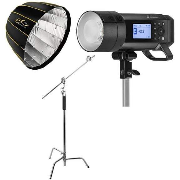 Flashpoint XPLOR 600PRO TTL Battery-Powered Monolight, Glow EZ Lock Deep Parabolic Quick Softbox 28in, Flashpoint Century Light Stand on Turtle Base Kit w/40in Grip Arm, 2 Gobo Heads, Baby Pin,