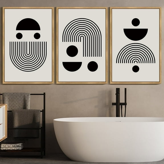 SHENIFY large 24x36in3pcs Natural Framed Black Abstract Wall Art Decor Solid & Spiral Semi-Circles Geometric Shapes Drawings Modern Art Decorative Ready To Hang