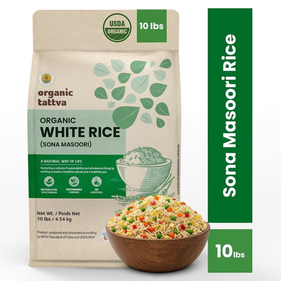 Organic Tattva White Medium Grain Rice 10LB, Lightweight & Naturally Aromatic Sonamasuri Rice, Vegan, Kosher, Non GMO, No Additives, USDA Certified