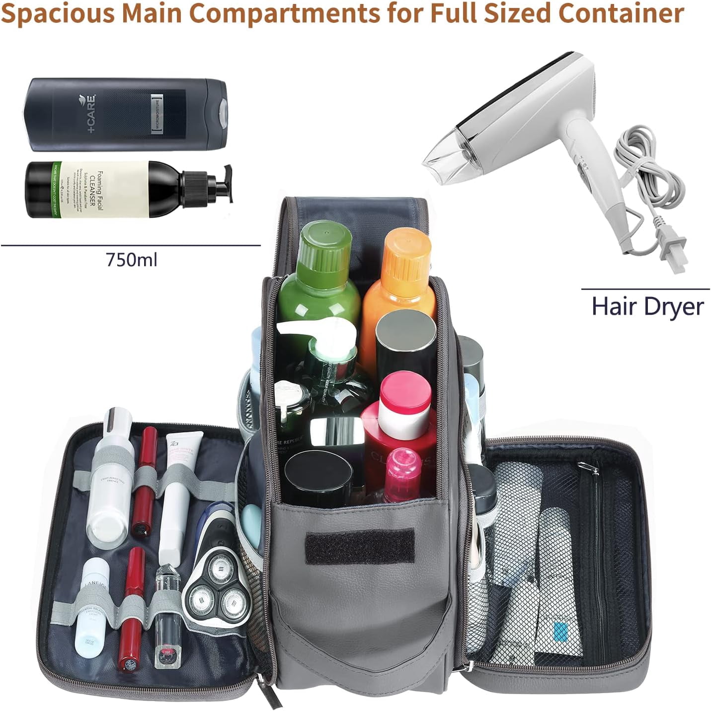 Large Capacity Toiletry Bag for Men, Leather Hanging Toiletry Organizer Cosmetics Makeup Bag, Gray