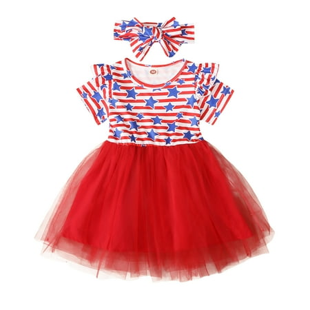 

Little Girl Dress Toddler Girls Short Sleeve Independence Day Sundress 4 Of July Sundress Star Striped Prints Kids Tulle Princess Dresses Headbands Set