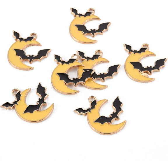 10Pcs Halloween Charms Moon with Bat Jewelry Findings Pendant Ornament Alloy Enamel Pendants for Necklace Bracelet Jewelry Making Yellow 25x24x1.5mm Hole: 2mm
