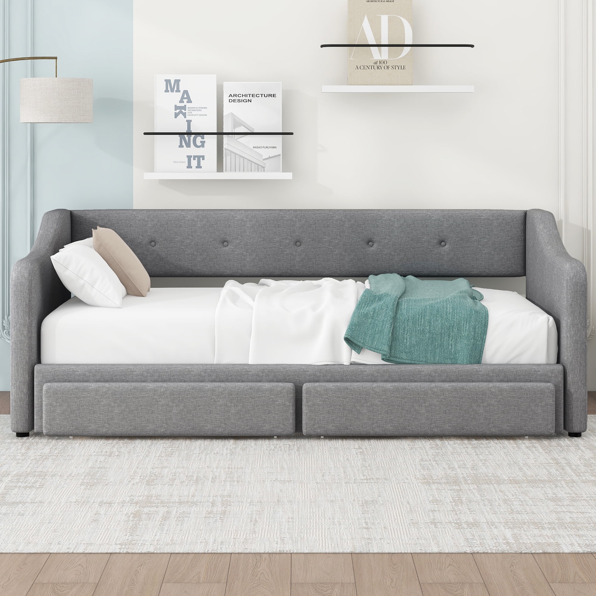 Euroco Upholstered Twin XL to King Size Daybed with 2 Drawers, Gray