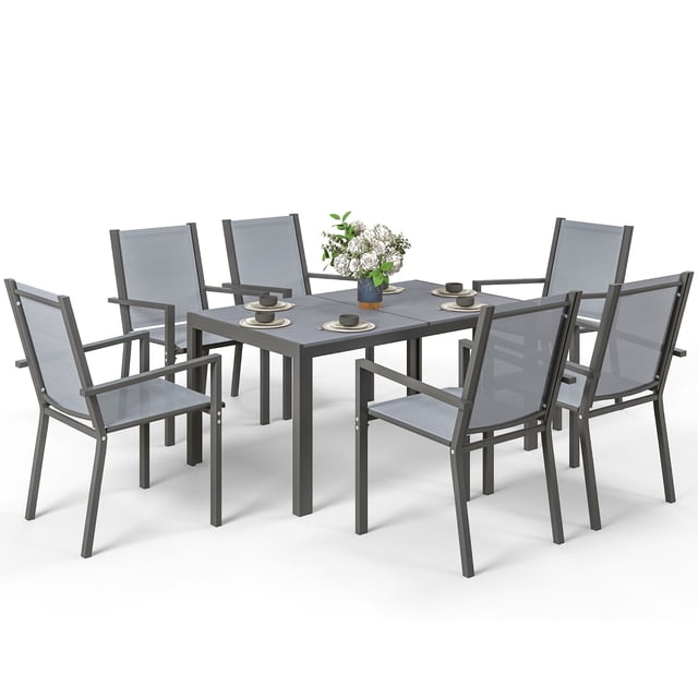CoSoTower 7 Piece Outdoor Dining Set with Rectangular Table and 6 Stackable Chairs, for Backyard, Lawn, Deck, Balcony, Pool Side